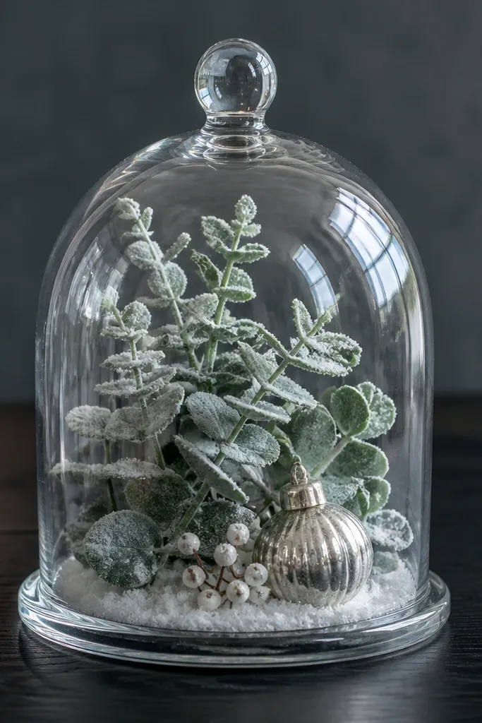 Coffee table with a glass cloche covering snowy greenery and a small LED light