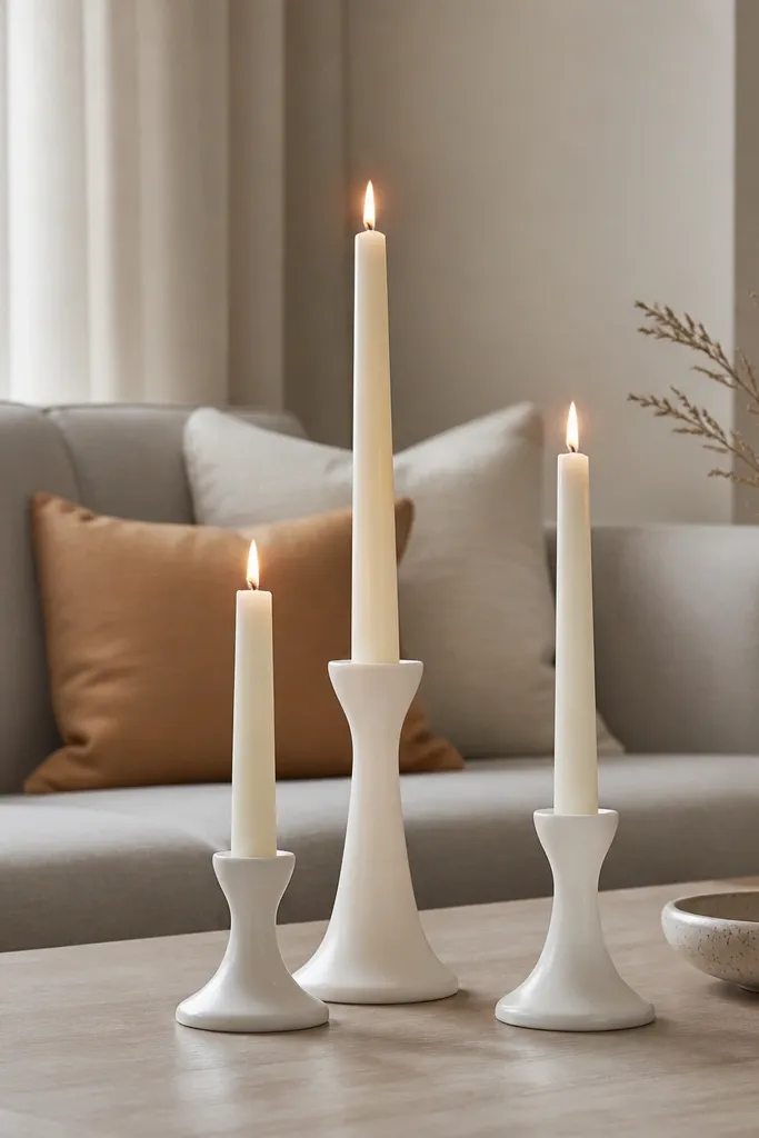Coffee table with three LED candles arranged in a triangle and scattered greenery