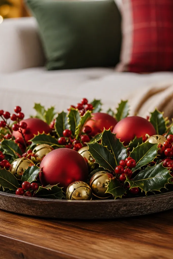 Coffee table with a tray of holly leaves, red ornaments, and no candles