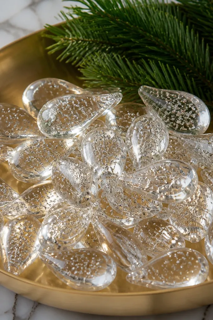 Coffee table with a gold tray, glass ornaments, and small LED lights