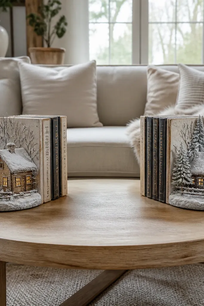 Coffee table with a small winter scene on the left and greenery on the right