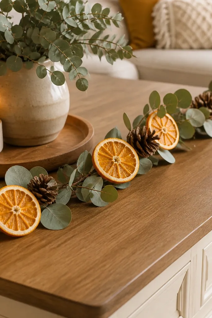 Coffee table decor with a small garland of dried orange slices and evergreen sprigs