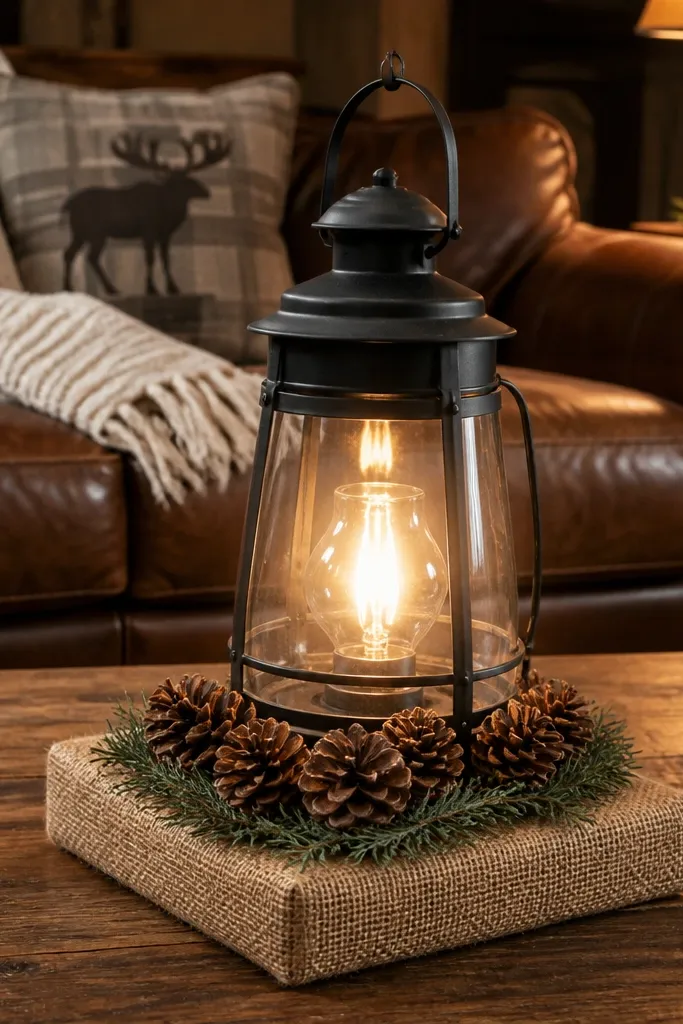 Coffee table with a lantern, burlap underlayer, and pinecones in a tight cluster