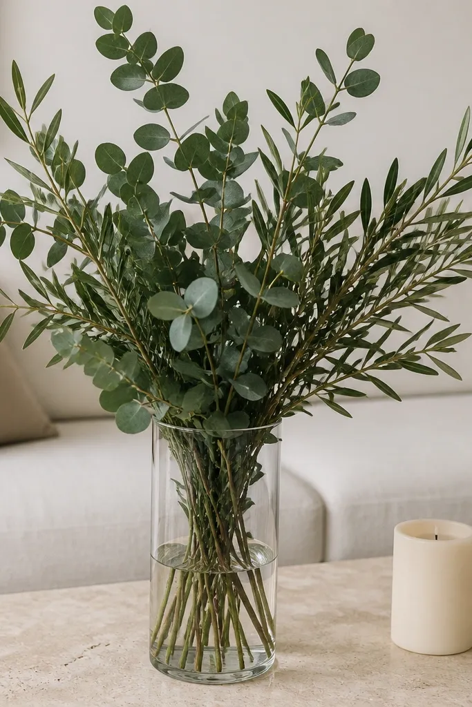 Coffee table with a simple evergreen cluster in a neutral vase and no ornaments