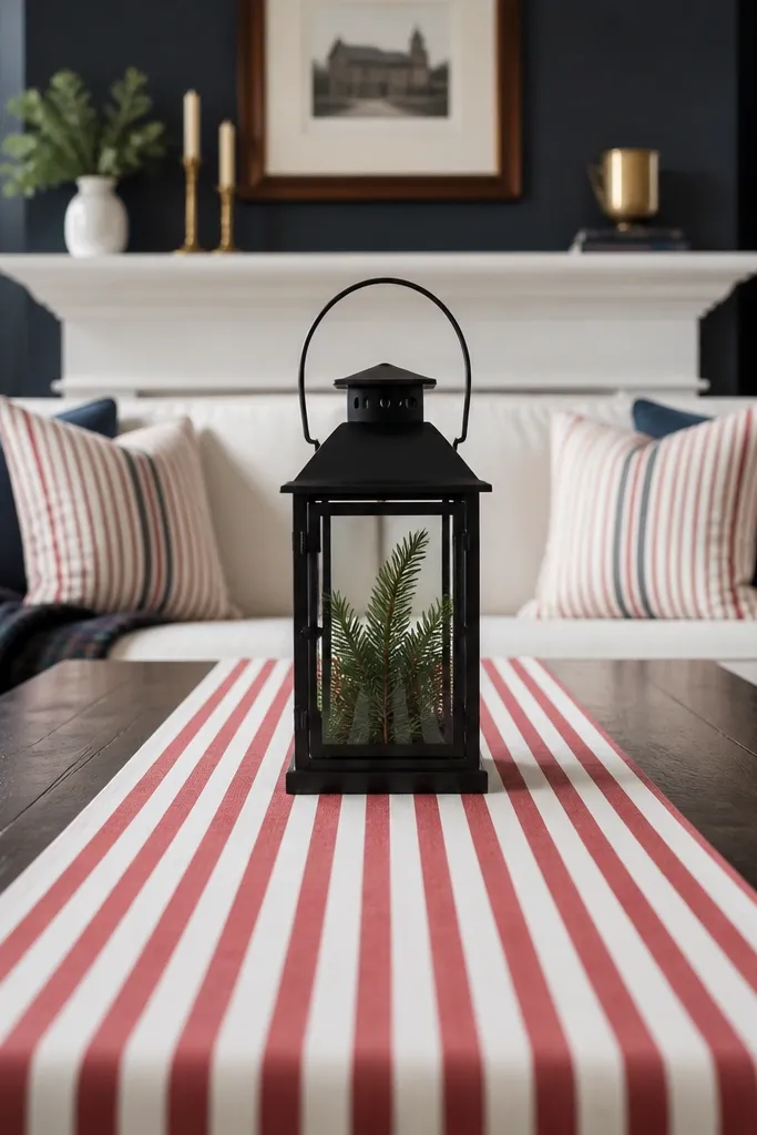 Coffee table with a red-and-white striped runner and a lantern in the center