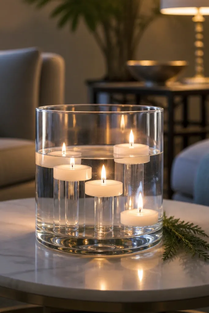 Coffee table with a clear glass bowl, LED floating candles, and evergreen sprigs