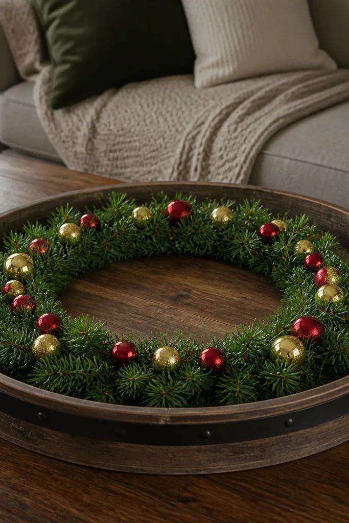 Coffee table tray with a circular ornament wreath ring and small candles