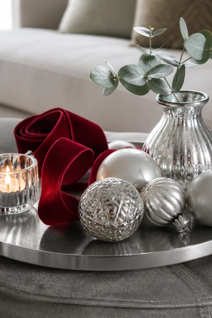 Coffee table with a tray of silver and brass decor and a few red ornaments