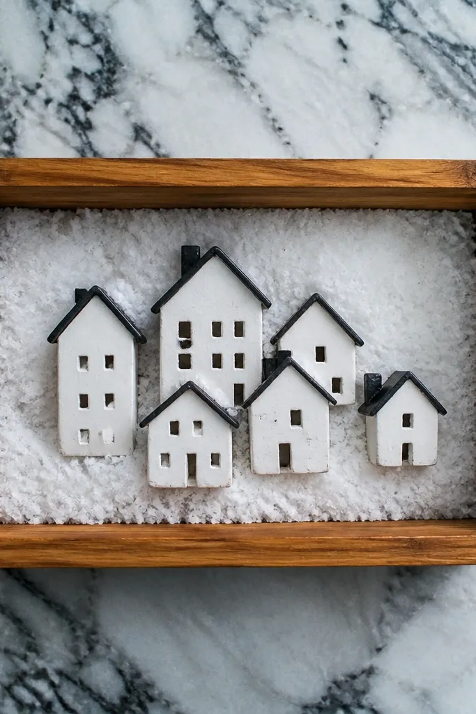 Small cedar box on coffee table with faux snow, mini houses, and LED light