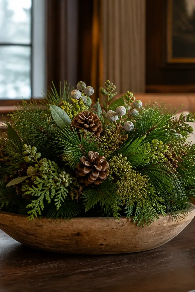 Coffee table with a dough bowl filled with evergreen sprigs and a few pinecones