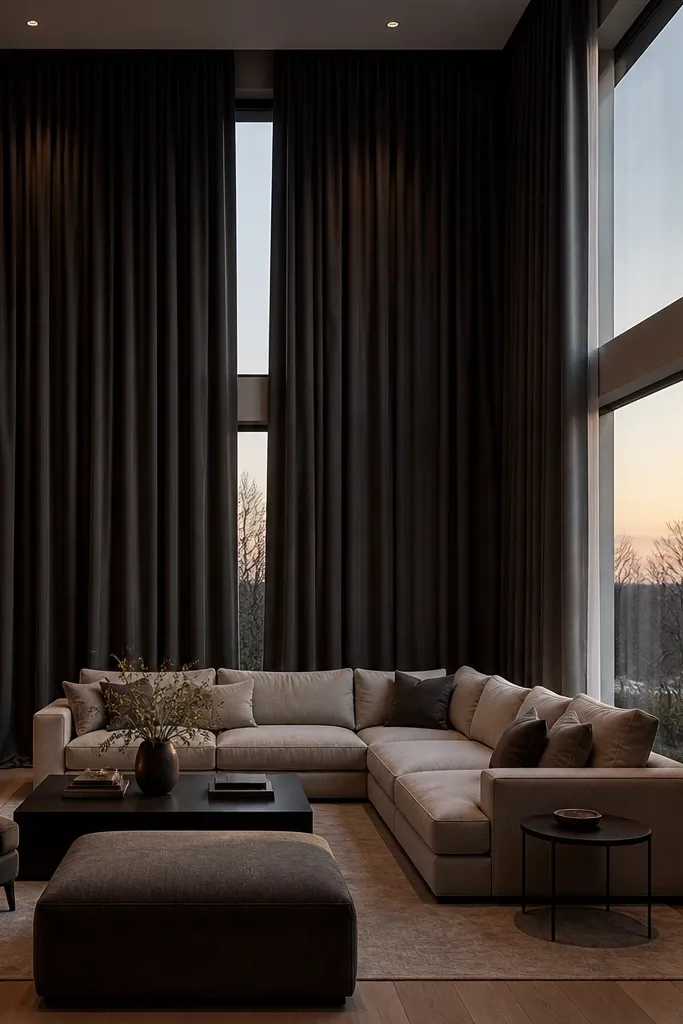 Floor-length curtains hanging from a ceiling track behind a sofa