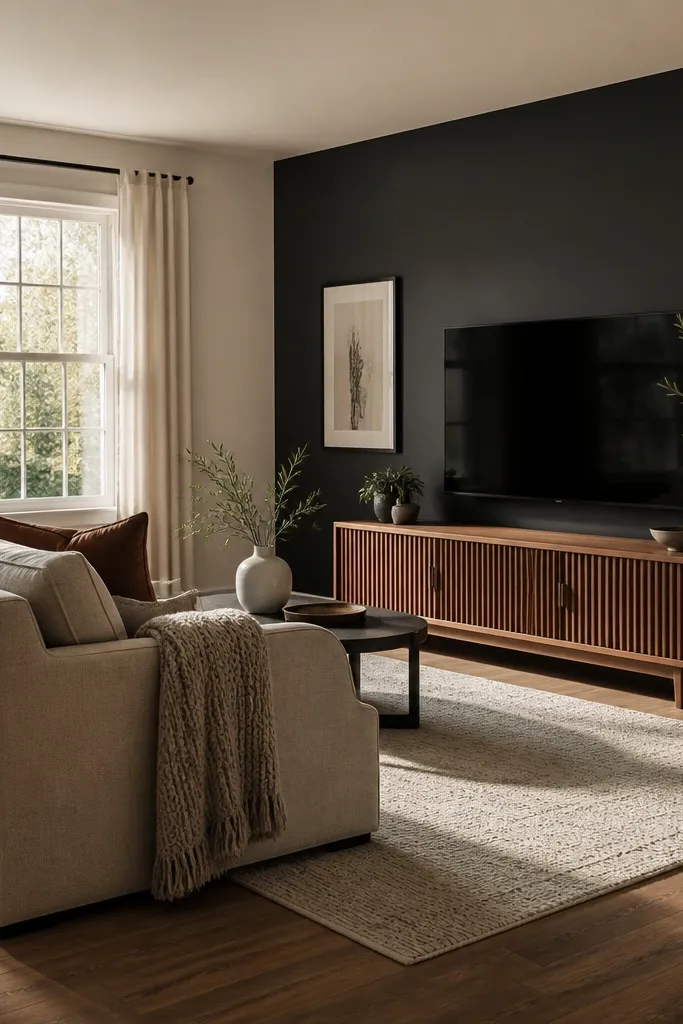 Standard living room wall painted a darker color behind the sofa
