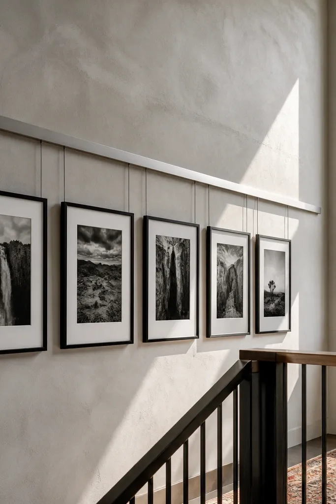 Framed art hung along a horizontal line under a tall ceiling