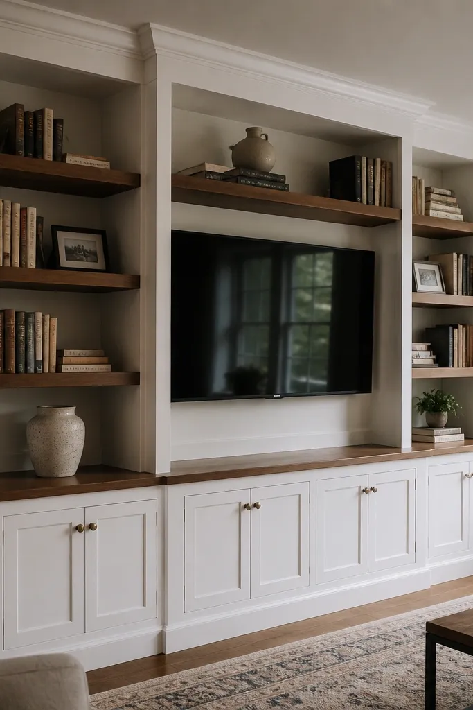 Floating shelves framed with trim above a low TV console