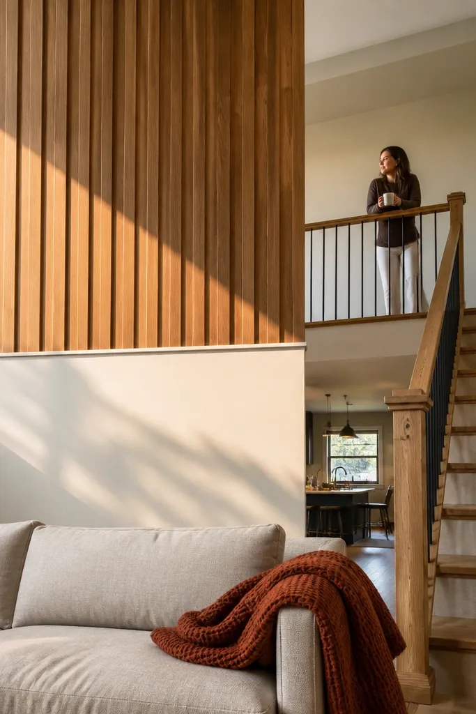 Half wall with vertical wood slats separating living seating and balcony