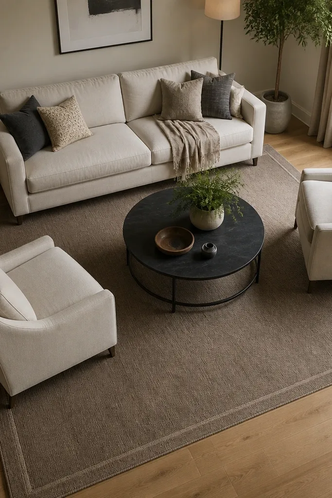 Large area rug extending under front legs of sofa and chairs