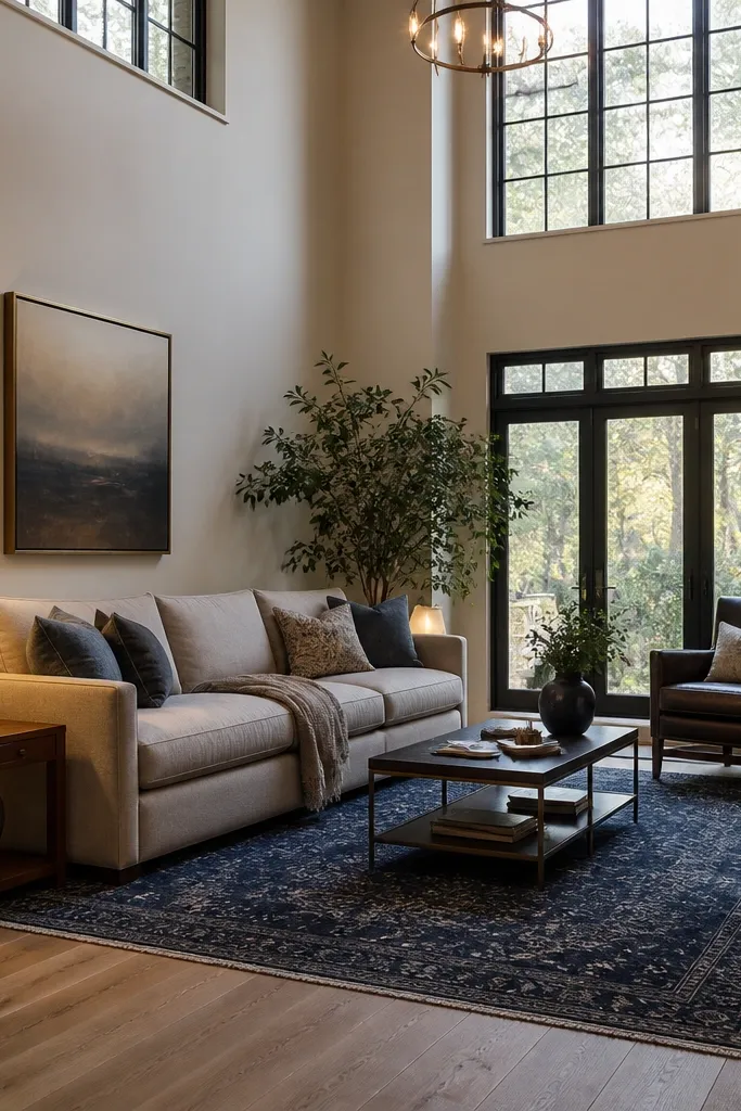 Sofa pulled forward with side tables and a floor lamp in a double height room