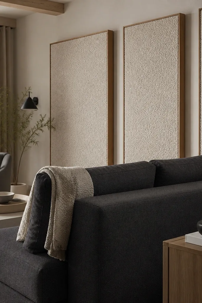 Fabric acoustic panels behind couch area