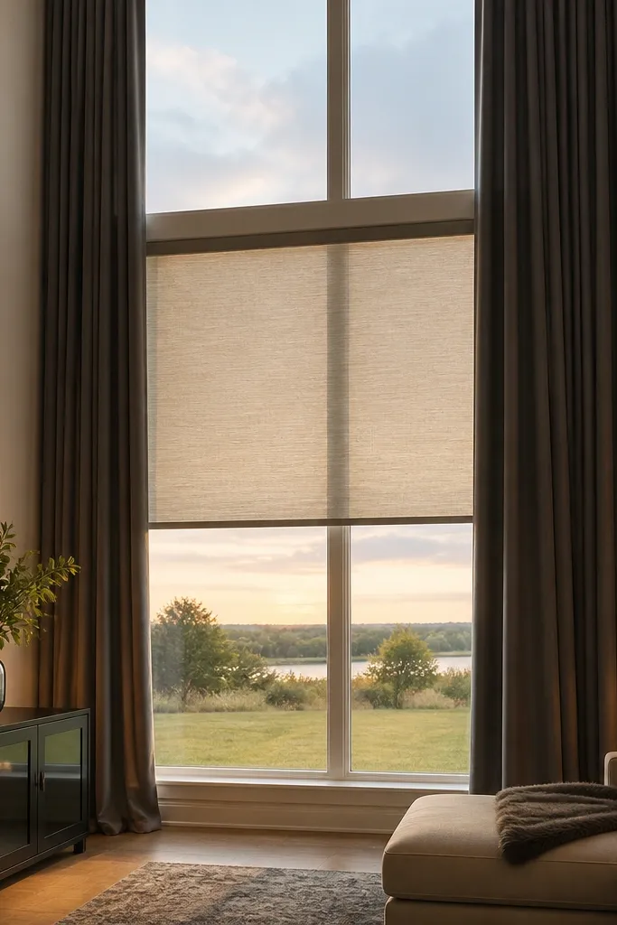 Window with a roller shade and floor-length curtains