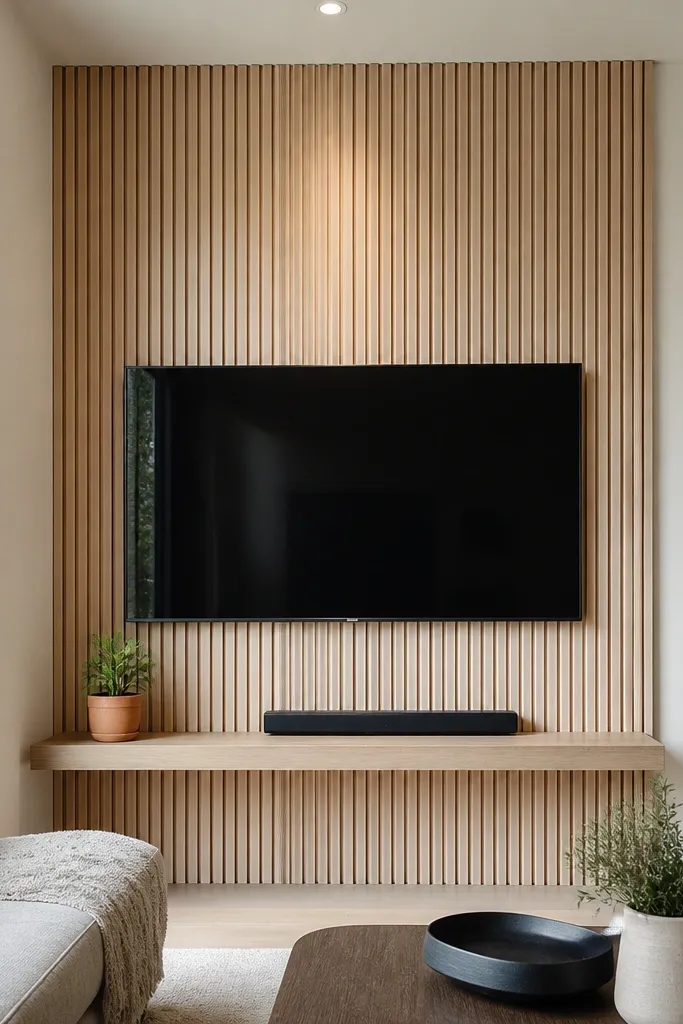 TV wall with vertical wood slats and hidden cable route