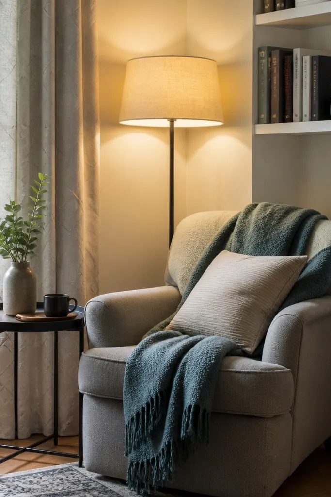 Reading chair with a floor lamp and small wall shelf