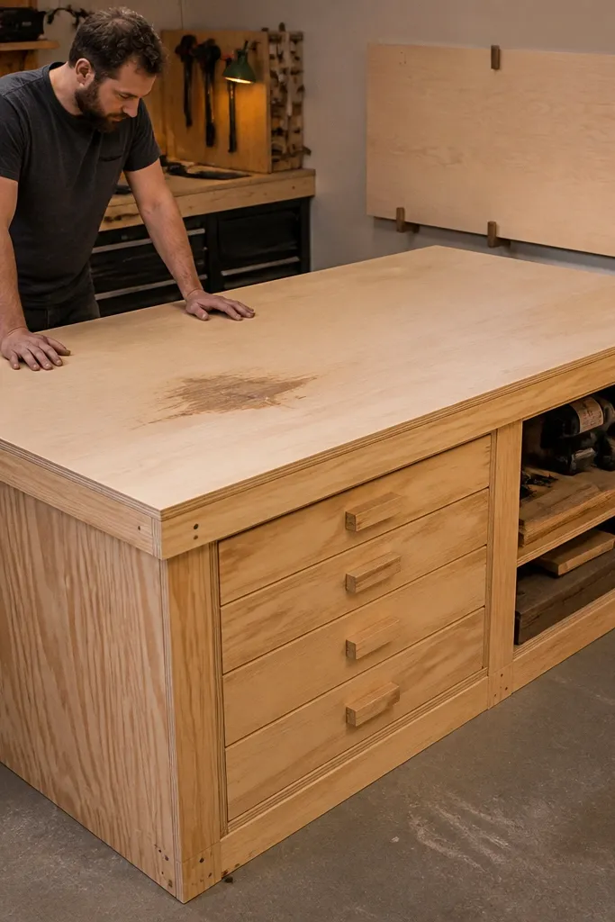 Thick plywood workbench top with a darker replaceable top layer and side storage panels
