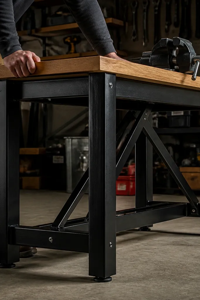 Black steel frame workbench with a matte wood top and tool rail along the back