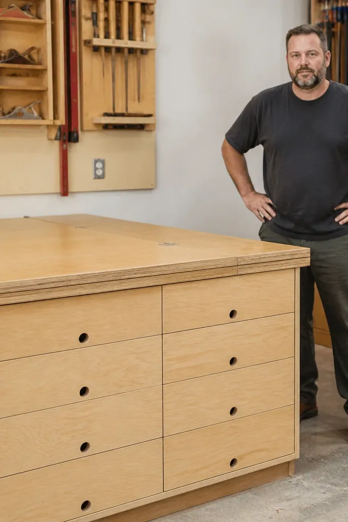 White plywood drawer fronts under a light wood workbench with a cable opening near the back