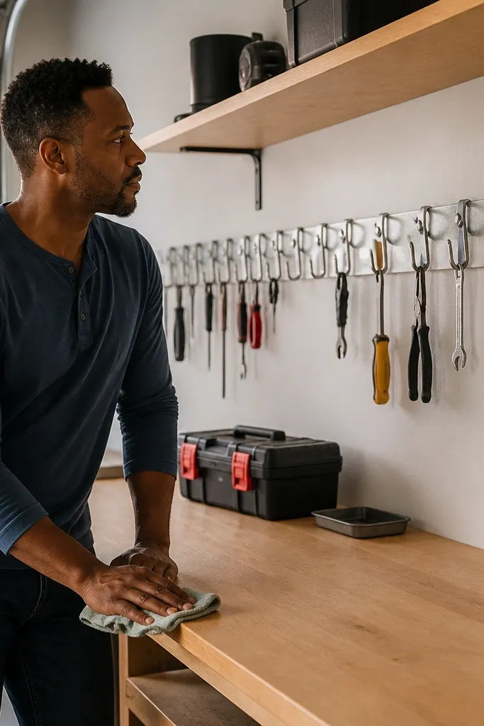 Wood workbench with a back wall tool rail and a floating shelf above