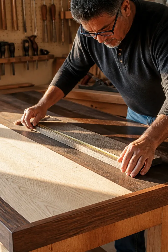 Light wood workbench with a darker stained top and a thin maple edge band