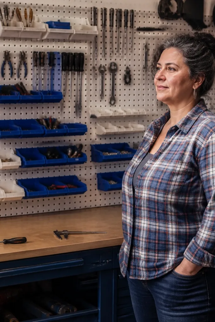 Pegboard behind a workbench with neatly aligned trays and hooks