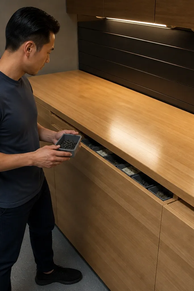 Workbench with a sliding top panel revealing a hidden drawer beneath