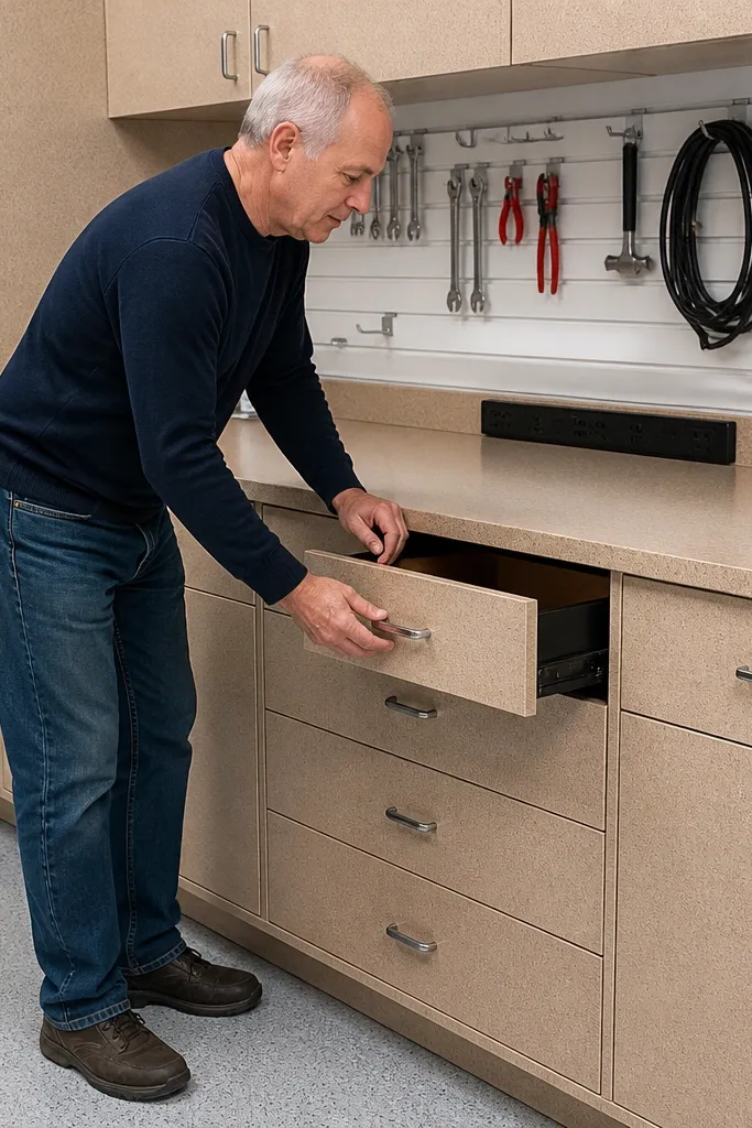 White laminated countertop workbench with matching cabinet doors and black hardware
