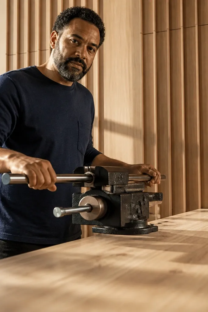 Wood backboard behind a workbench with a mounted vise and shadow-line trim accents