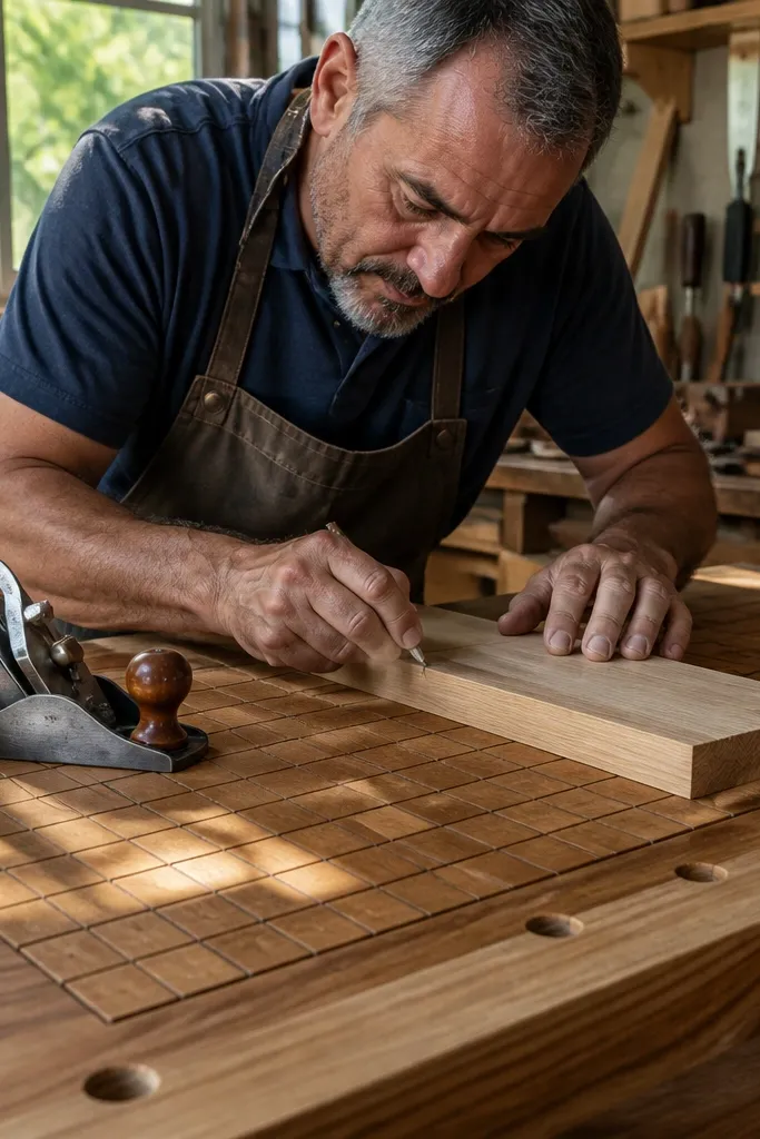 Wood workbench top with a grid of end-grain blocks in a recessed insert