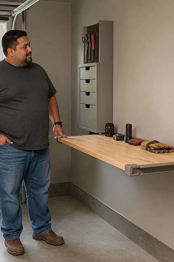 Wall-mounted fold-down workbench with a slim cabinet and open shelf for tools