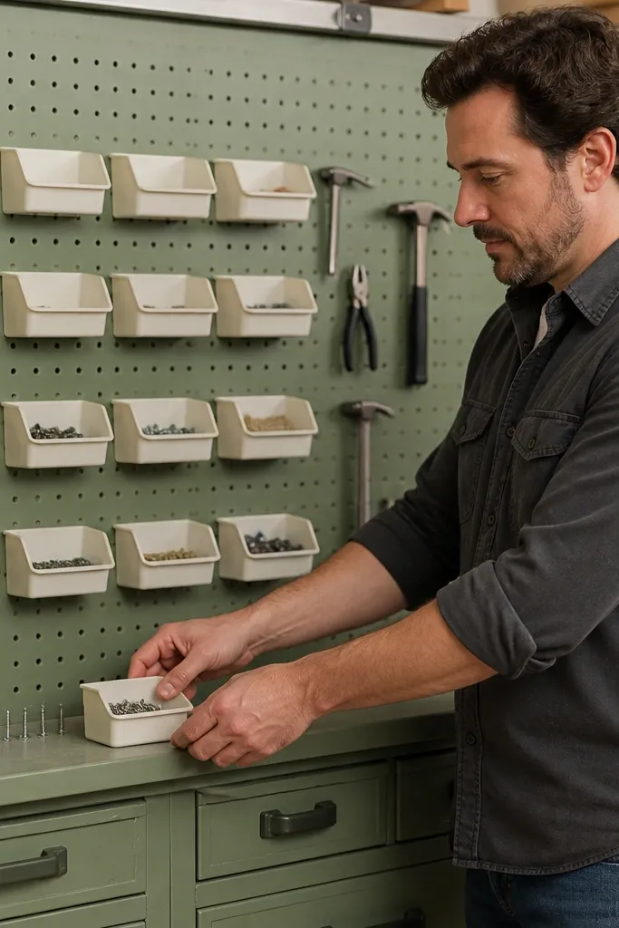 Pegboard front on a workbench with a narrow drawer lip and small part bins