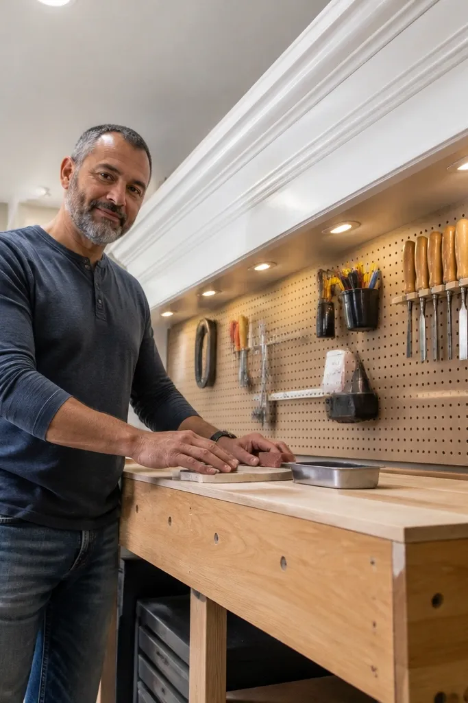Tall wood workbench with overhead pegboard and decorative trim lines along the top