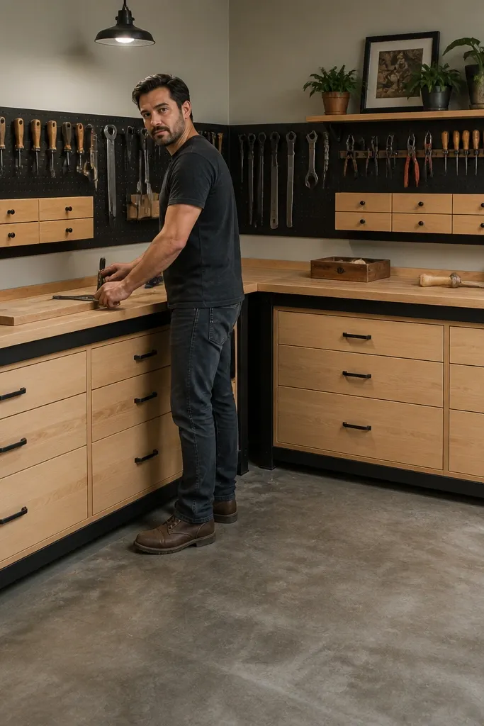 L-shaped workbench in a garage corner with matching drawers and a continuous countertop