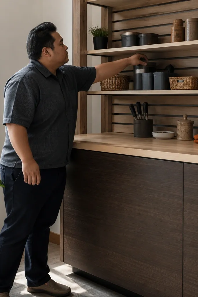 Laminate-topped bench with slatted shelf above and hidden cabinet base under the front