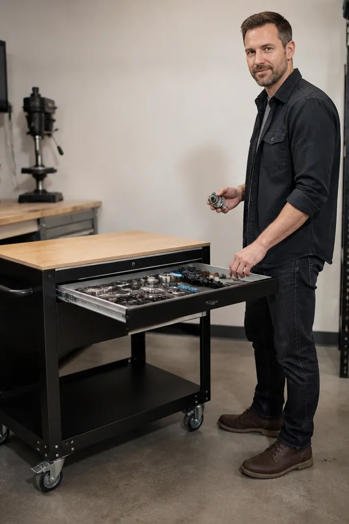 Rolling workbench with locking wheels, wood top, and a lift-out tray compartment