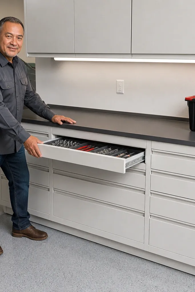Painted steel cabinet base with stacked drawers and a wood countertop on top