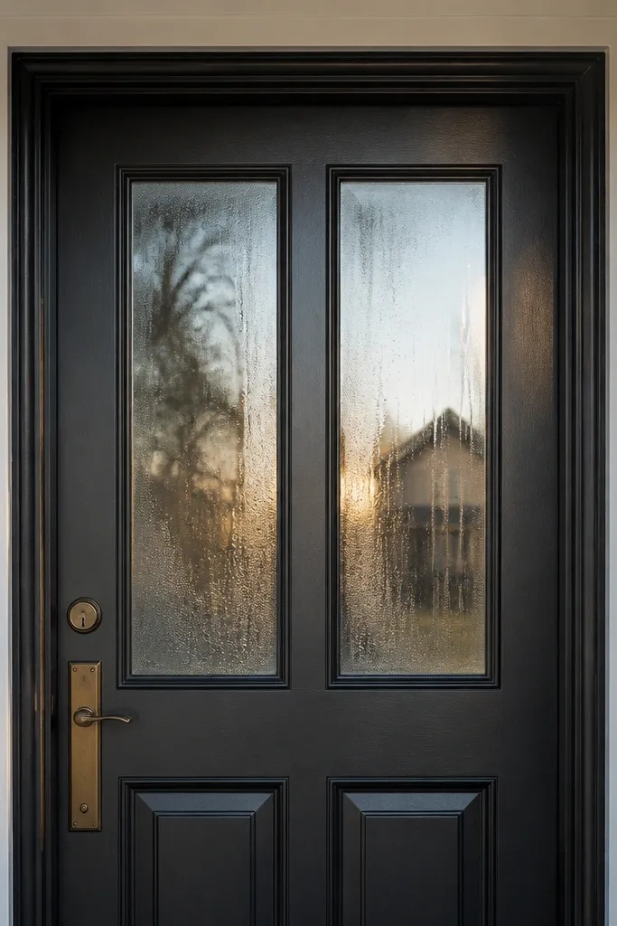 Front door with two panes of glass and visible condensation near the frame