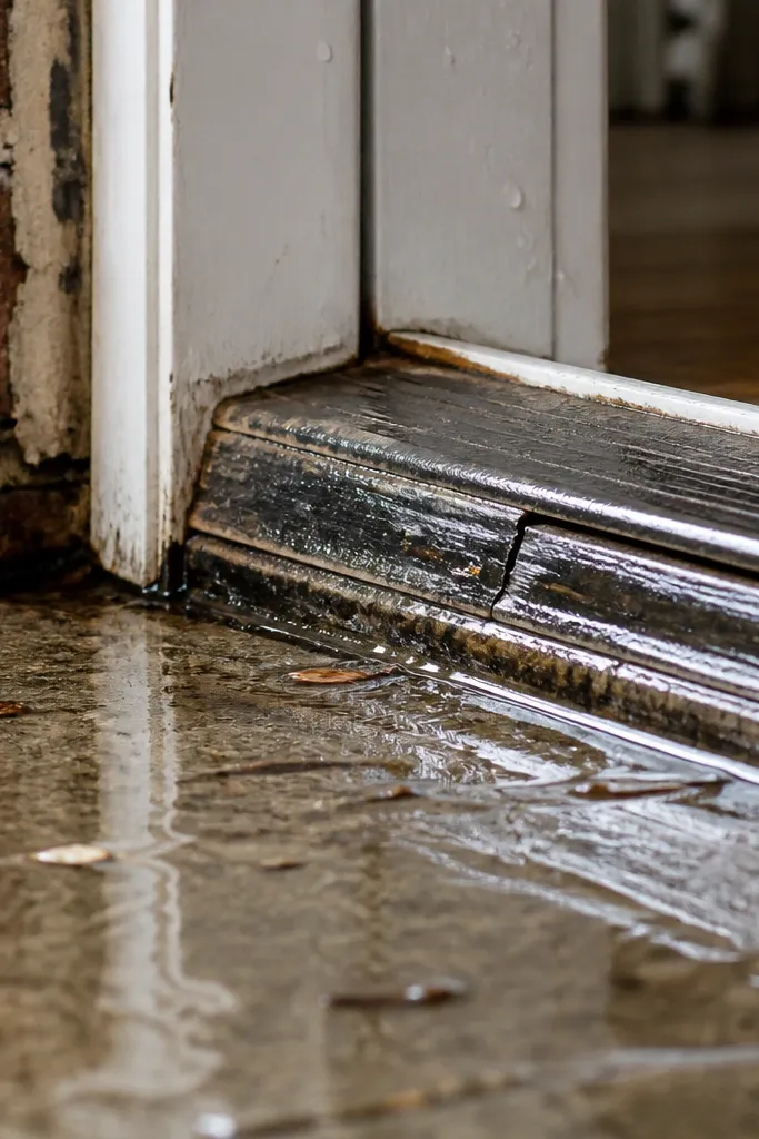 Door threshold with water pooling at the edge and a worn weather strip