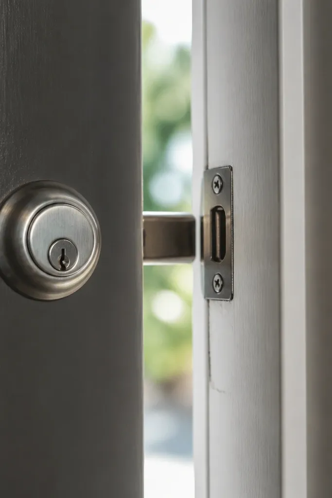 Deadbolt not aligned with the strike plate, showing a visible gap