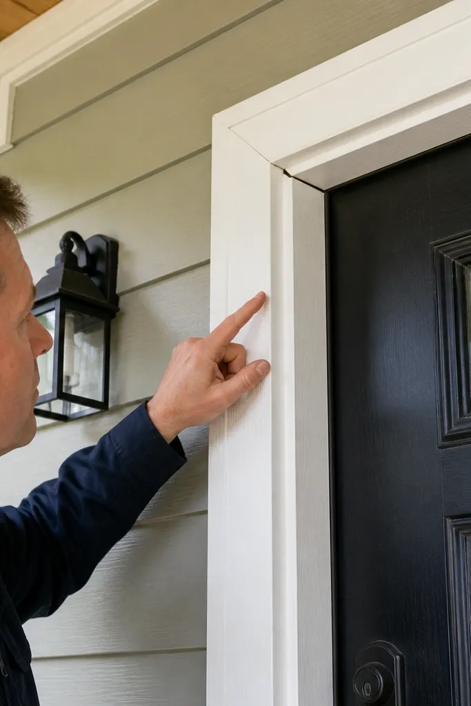 Front door with an improper fit where trim overlaps the frame