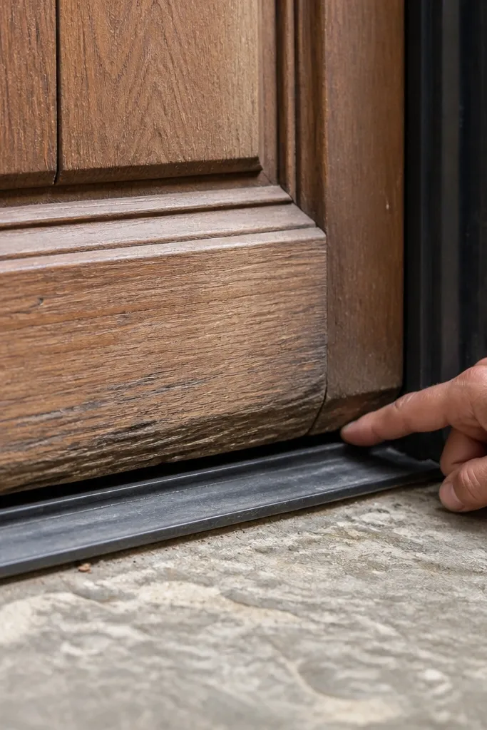 Wood front door with swollen bottom rail and a tight weatherstrip gap
