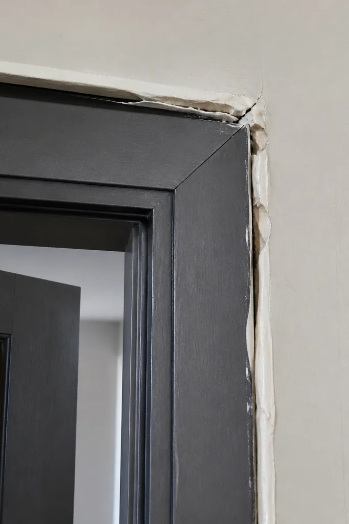 Door frame with messy sealant lines and uneven gaps