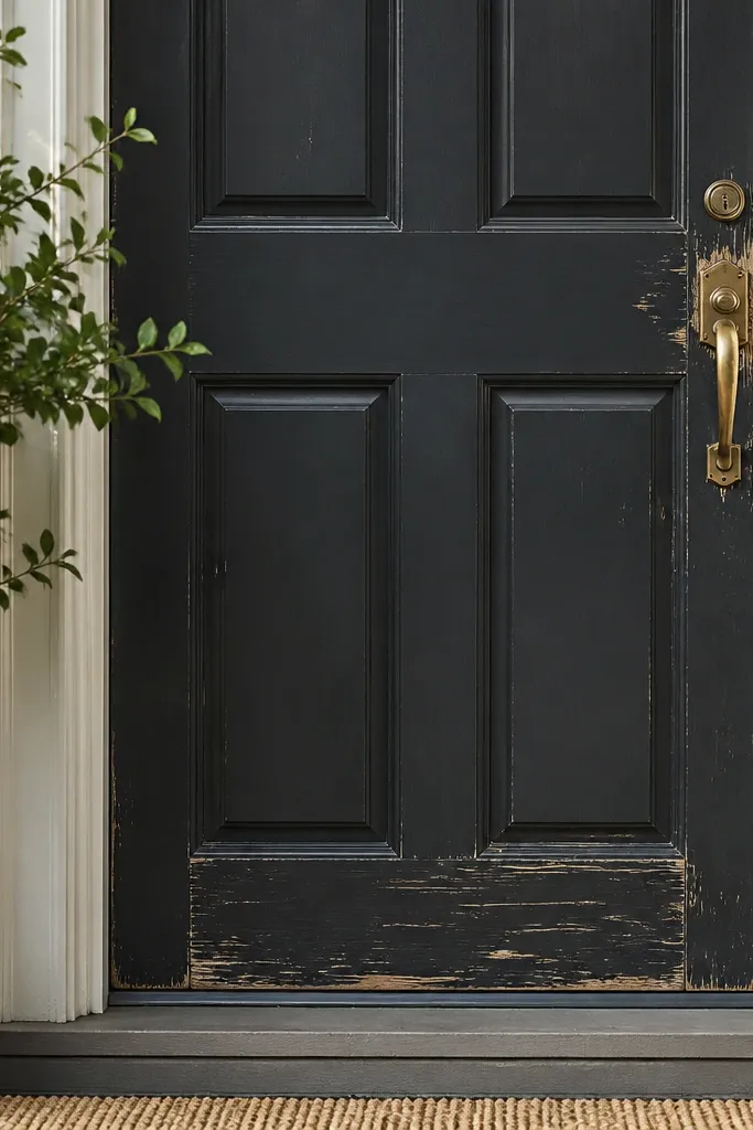 Front door with worn paint near the handle and scuffed lower rail