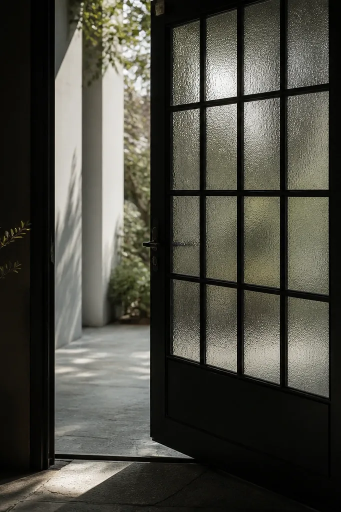 Door with heavy glass grid that makes the entryway dim